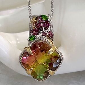 Rainbow Genesis Quartz Multigemstone 14K YG Sterling Silver Pendant